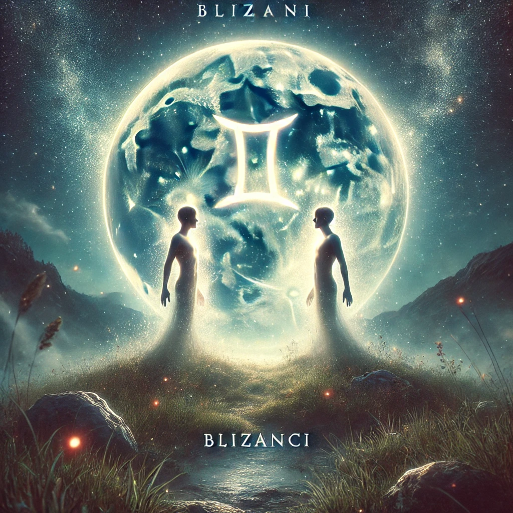DALL·E 2025-12-17 14.44.42 – A mystical and atmospheric image representing the zodiac sign Gemini (Blizanci in Croatian). Two identical or mirrored human figures stand side by sid