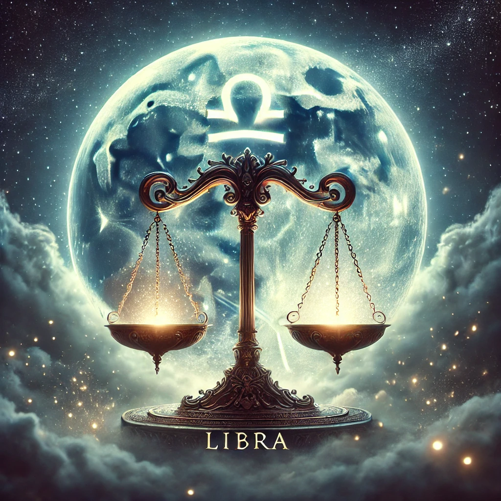 DALL·E 2025-12-17 14.45.05 – A mystical and atmospheric image representing the zodiac sign Libra (Vaga in Croatian). A pair of glowing, balanced scales float in front of a full mo