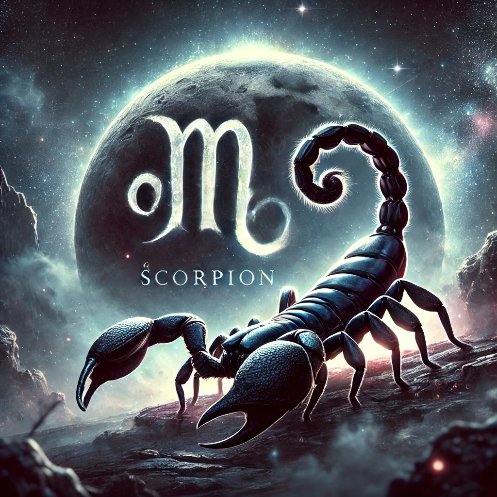 DALL·E 2025-12-17 14.46.12 – A mystical and atmospheric image representing the zodiac sign Scorpio (Škorpion in Croatian). A dark, detailed scorpion stands on rugged terrain under